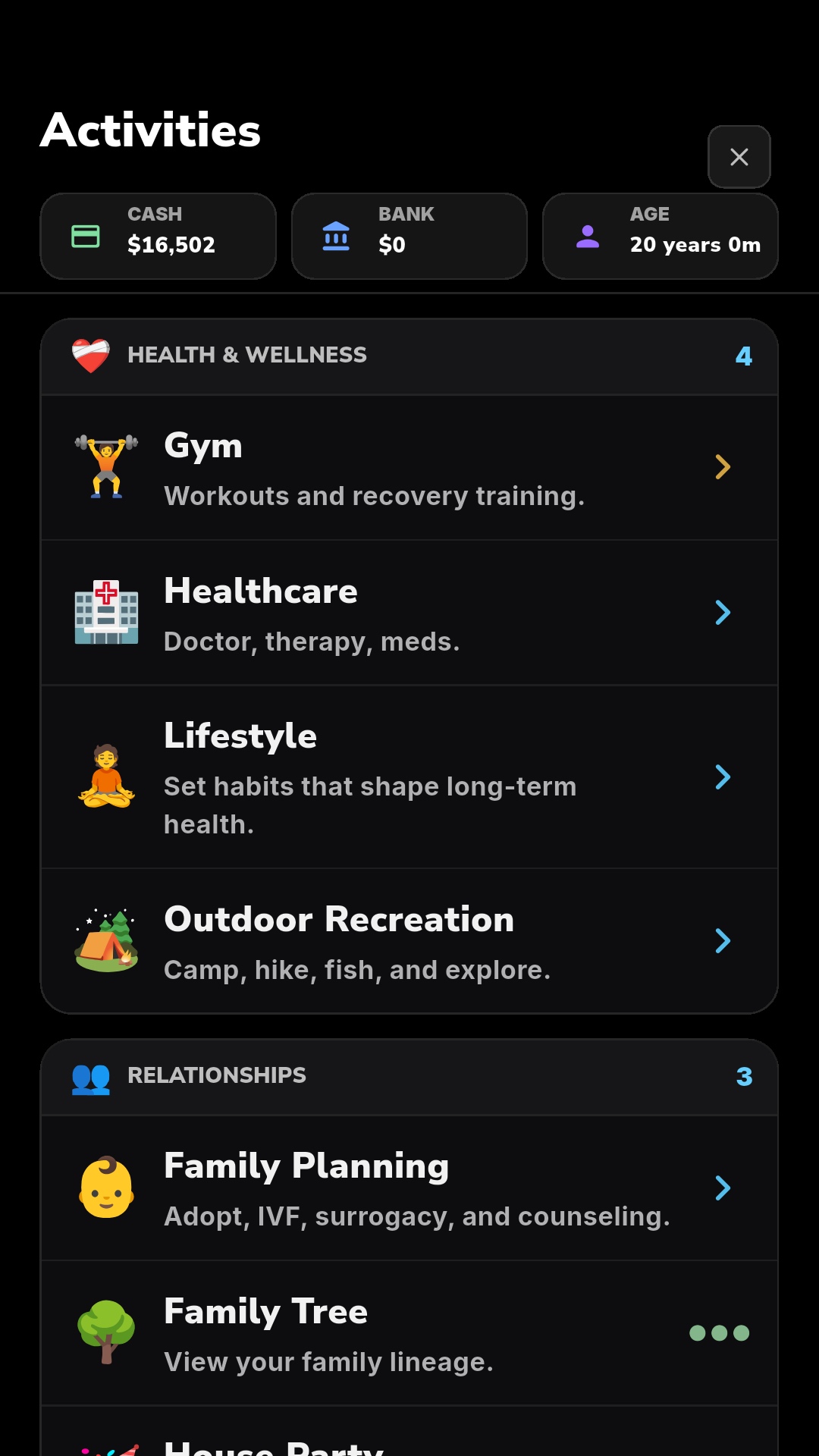 Lifespan activities screen