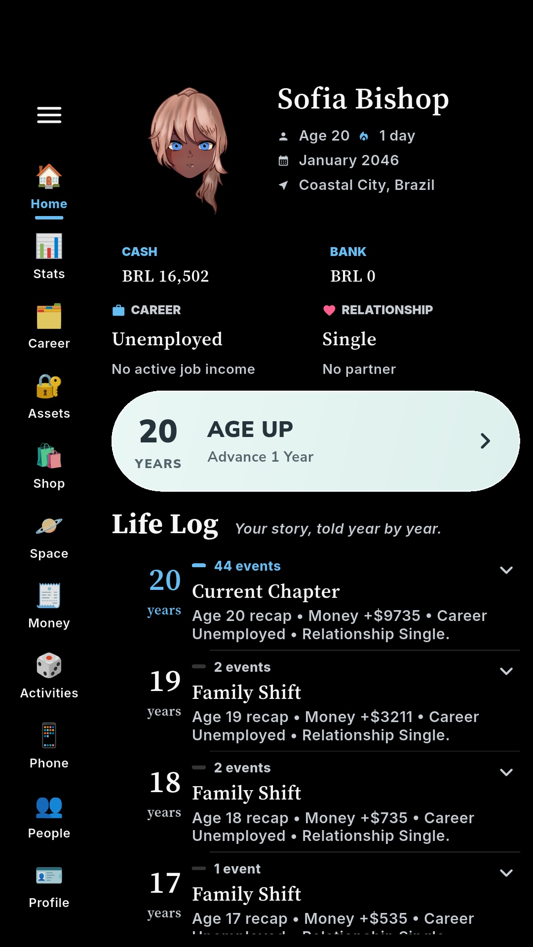 Lifespan home screen showing a character, life stats, and life log